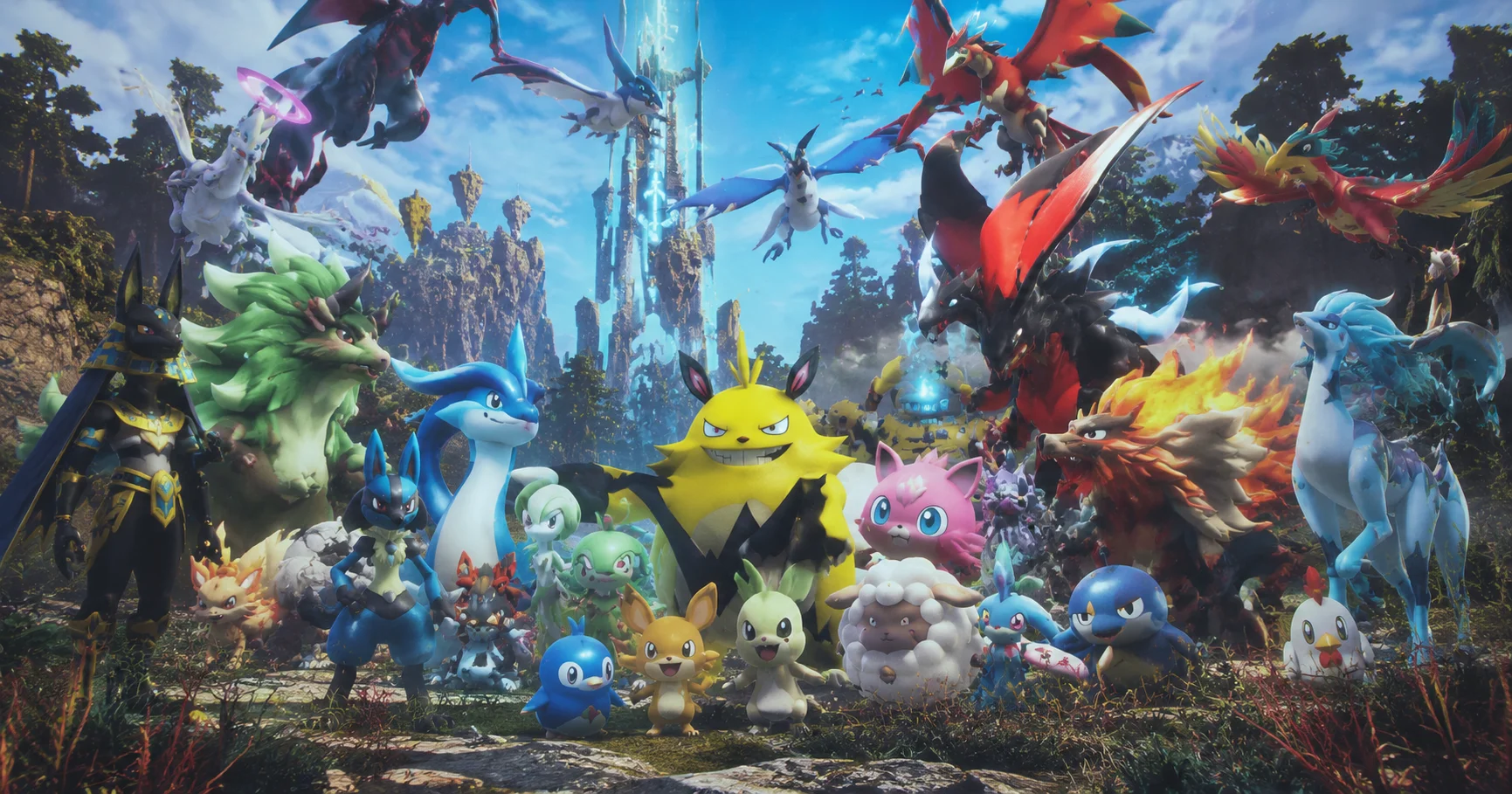 Palworld-inspired fantasy creatures gather in a vibrant wilderness, showcasing diverse abilities in an open-world adventure.
