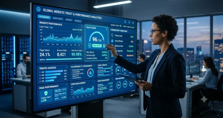 A pixelspinx com analyst in an office, presenting a comprehensive website trust and performance dashboard.
