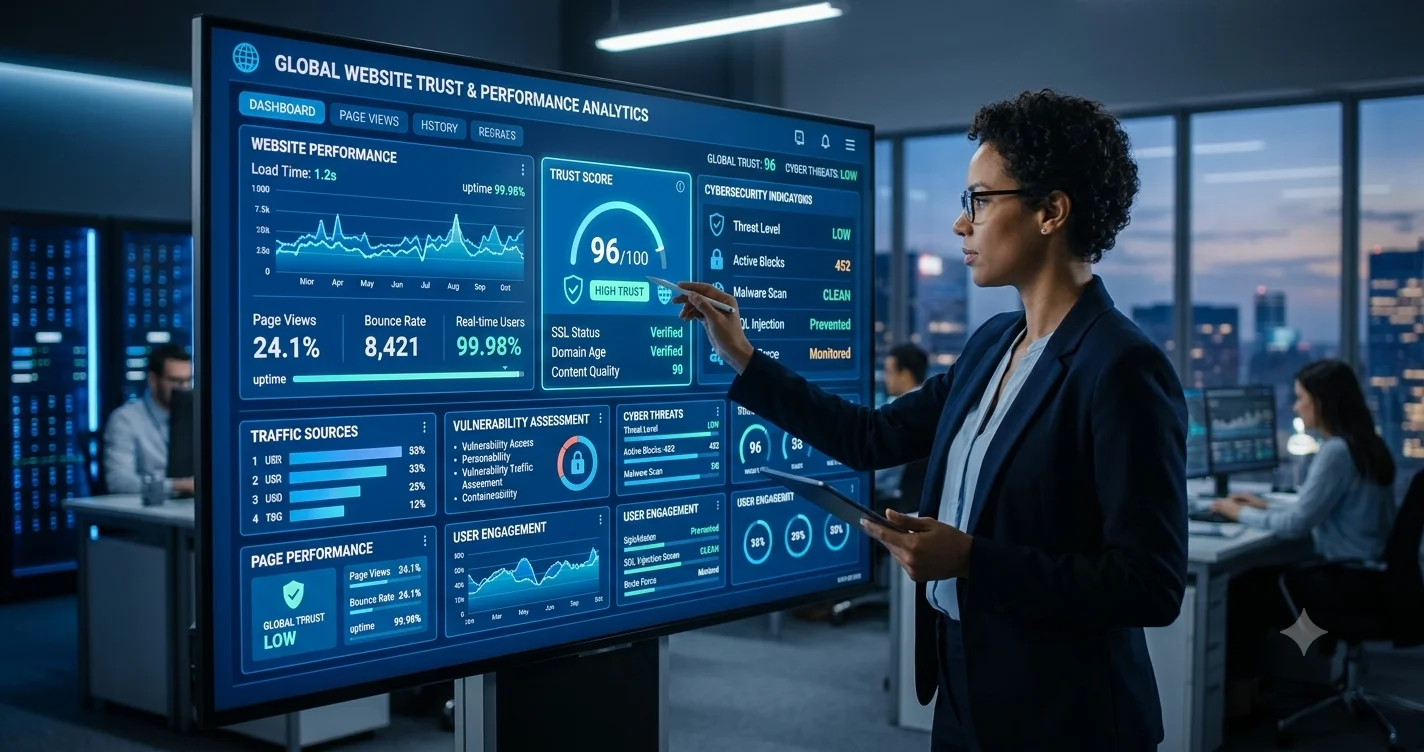 A pixelspinx com analyst in an office, presenting a comprehensive website trust and performance dashboard.