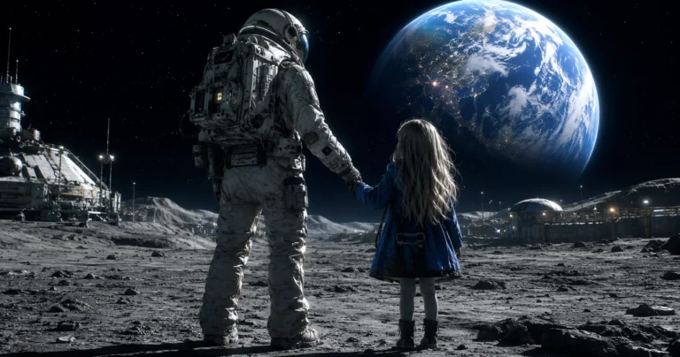 Pragmata-inspired astronaut holding hands with a mysterious girl on a moon base as Earth glows in the background.