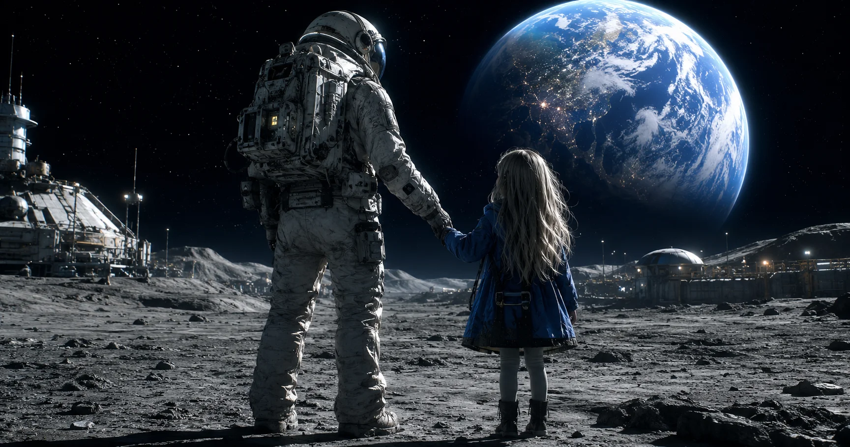 Pragmata-inspired astronaut holding hands with a mysterious girl on a moon base as Earth glows in the background.