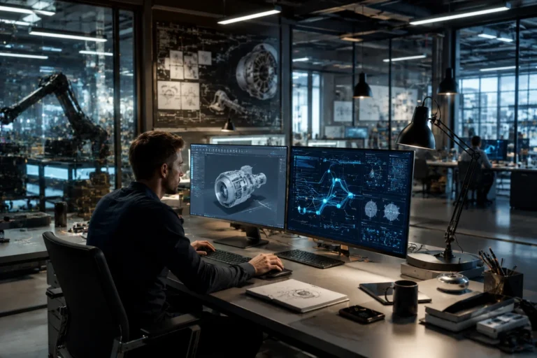 repmold digital system showing industrial design engineer working on replication and structured modeling process on advanced computer screens