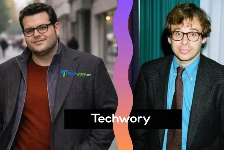 A comparison photo on Techwory comparing Rick Moranis and his son Mitchell Moranis.