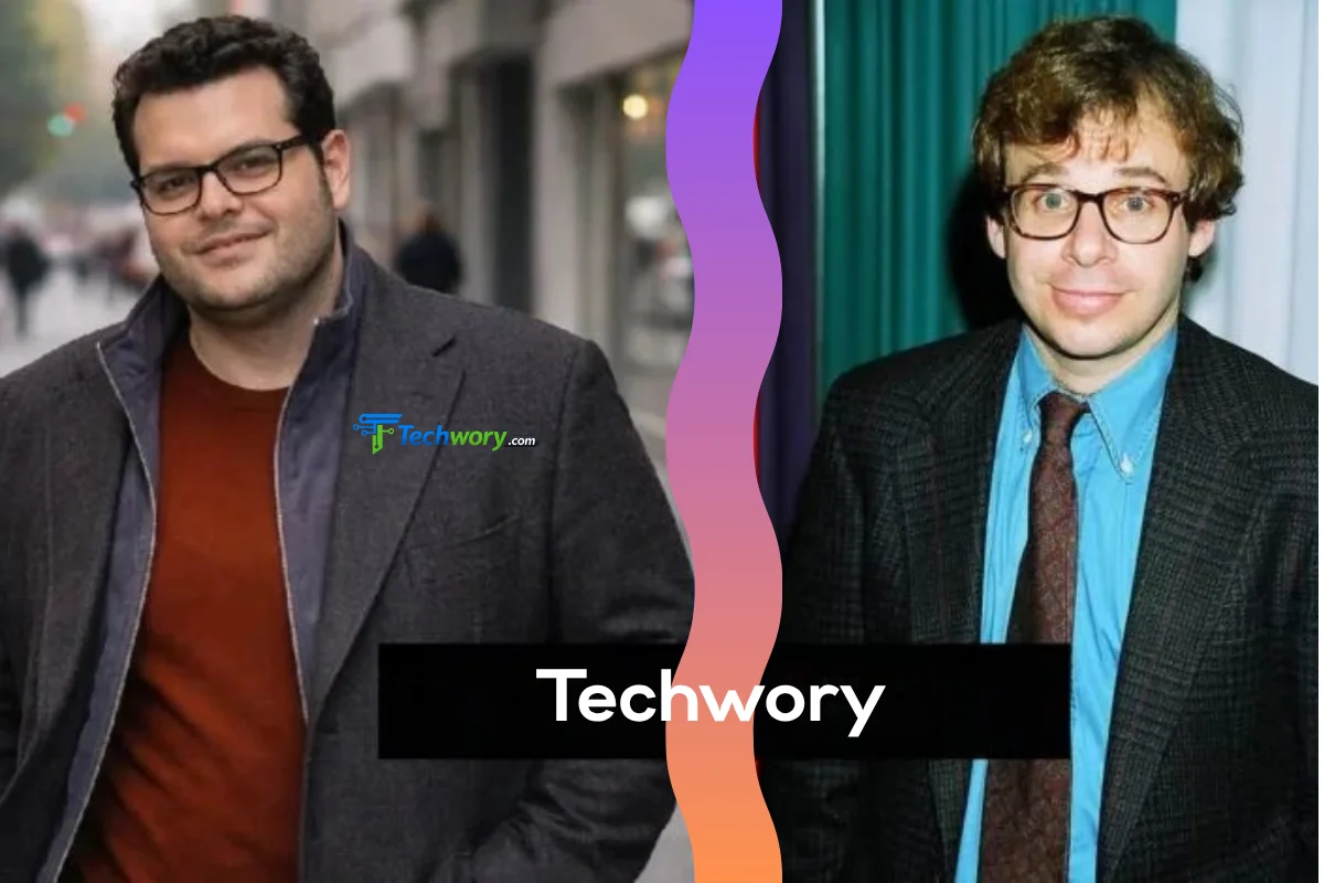 A comparison photo on Techwory comparing Rick Moranis and his son Mitchell Moranis.