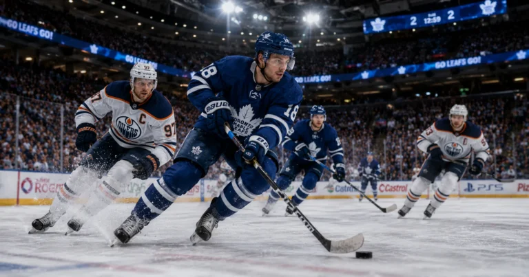 Ice hockey players battle for the puck in a packed arena during a match featured in sffarehockey statistics yesterday.
