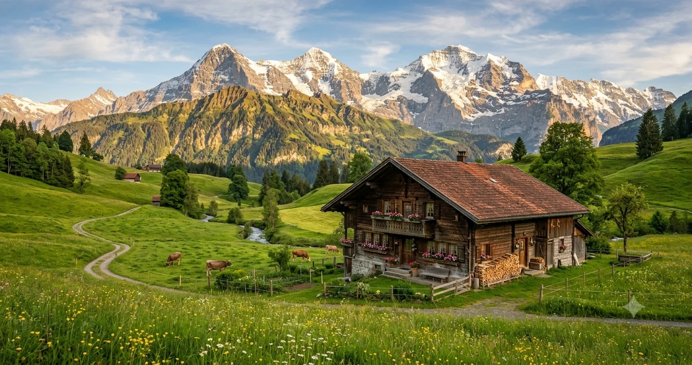Cows graze in a meadow near the traditional Haslhof chalet with the Swiss Alps in the background