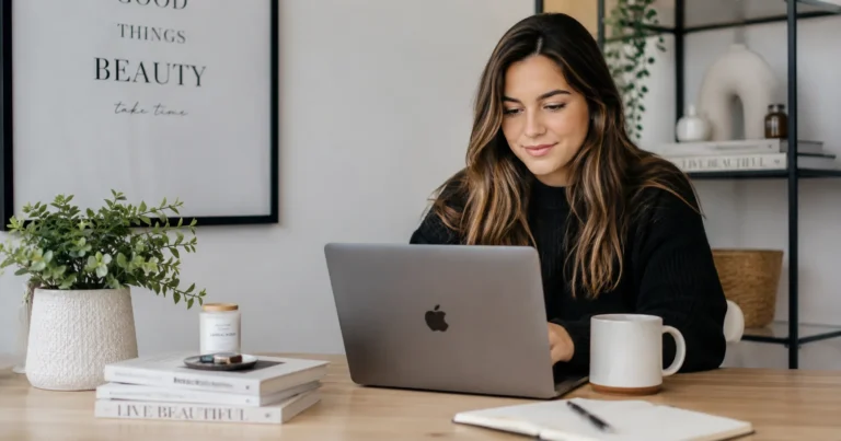 Modern lifestyle blogger working on a laptop in a minimalist workspace for thelifestyleedge com productivity guide.