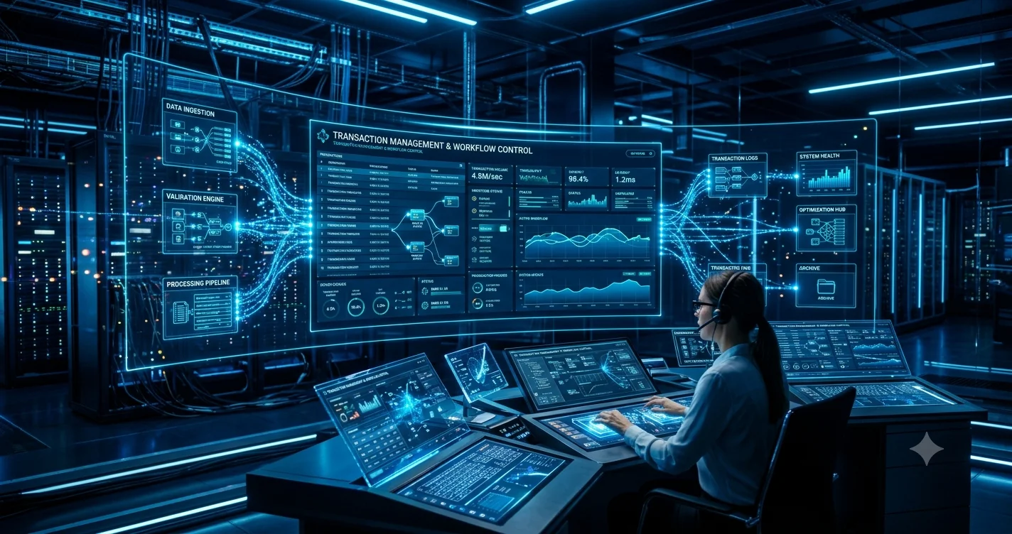 A dynamic data center with a network specialist managing a glowing digital txmyzone dashboard.
