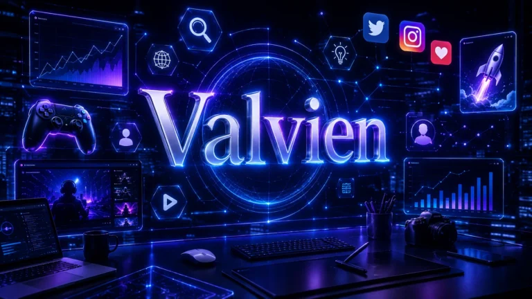 Valvien futuristic digital branding concept with glowing typography, gaming icons, SEO elements, holographic interface, and modern tech workspace