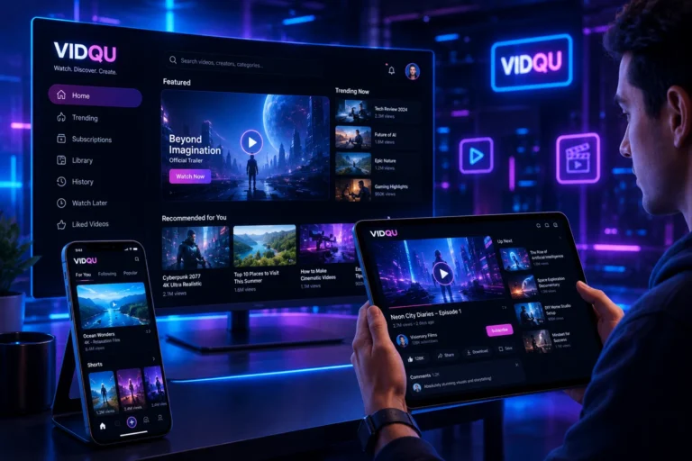 User exploring vidqu on multiple devices with a futuristic video platform interface and immersive digital experience.