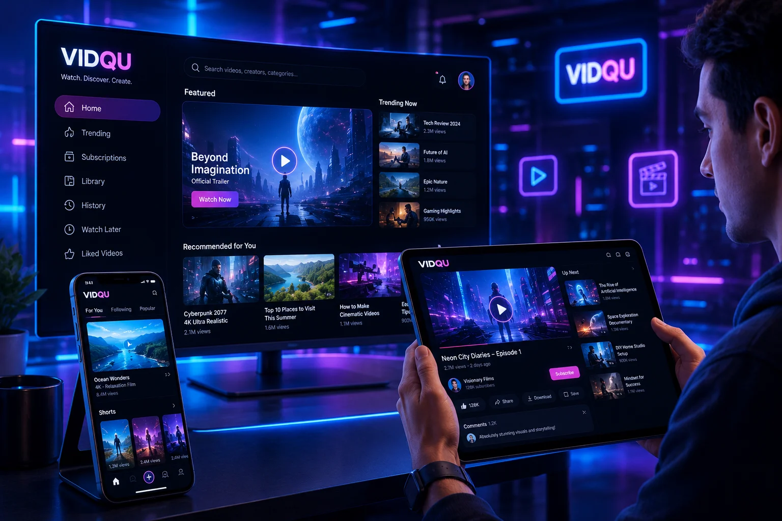 User exploring vidqu on multiple devices with a futuristic video platform interface and immersive digital experience.