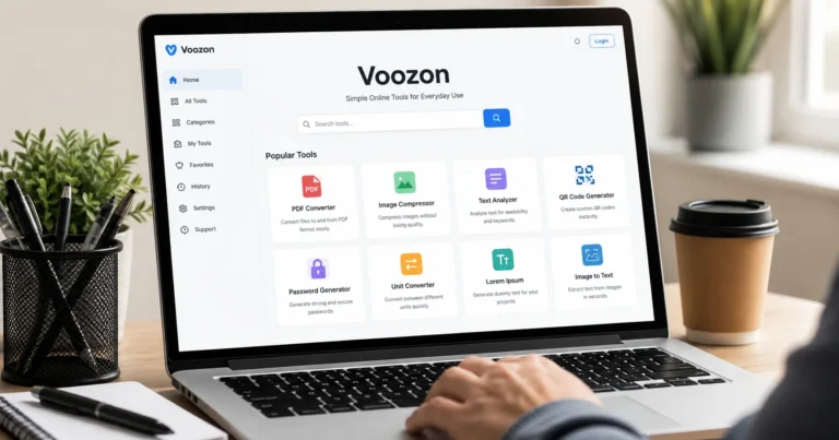 Laptop displaying Voozon web tool dashboard with minimal UI in a clean modern workspace setup with user interaction