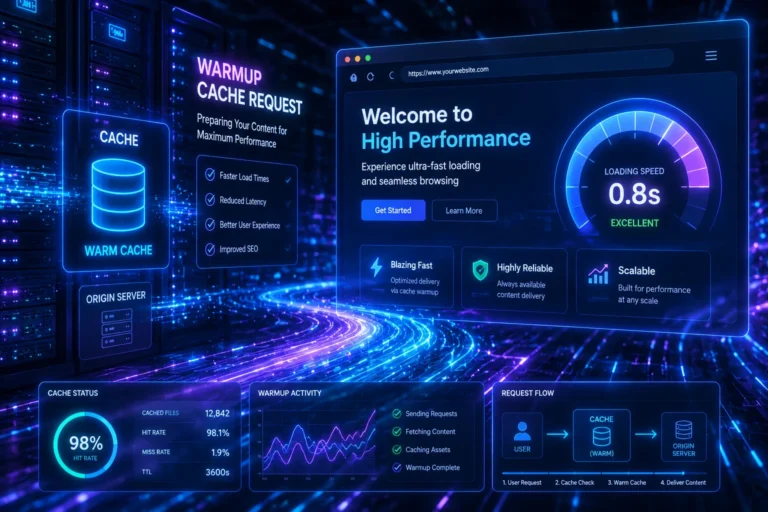Futuristic web server visualizing a warmup cache request to improve website speed and caching performance.