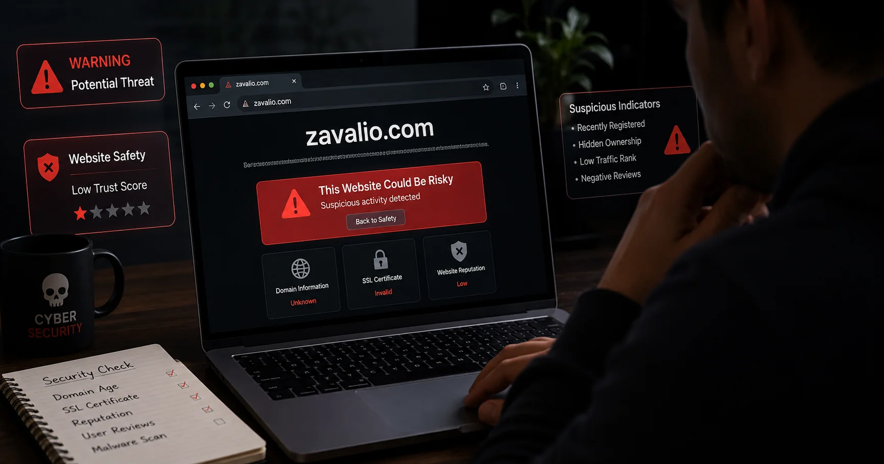 Person reviewing zavalio.com on a laptop with cybersecurity alerts and website security indicators on screen.